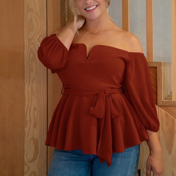 Tops - PLUS SIZE black off shoulder peplum blouse Rust